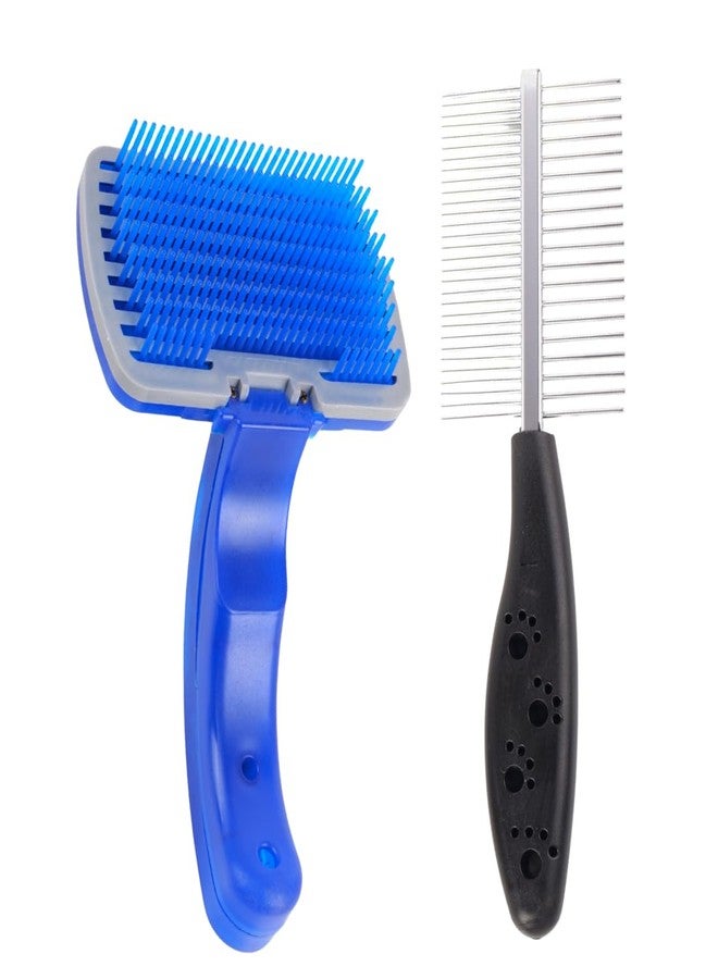 فرشاة احترافية للعناية بالحيوانات الأليفة، فرشاة تنظيف ذاتي للكلاب، مقبض أزرق وأسود، تصميم مريح للكلاب (عبوة من قطعتين) - Image 1